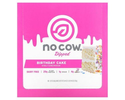 No Cow, Dipped Protein Bar, Birthday Cake, 12 Bars, 2.12 oz (60 g) Each