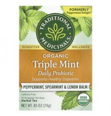 Traditional Medicinals, Organic Herbal Tea, Triple Mint Daily Probiotic, Caffeine Free, Peppermint, Spearmint & Lemon Balm, 16 Wrapped Tea Bags, 0.85 oz (24 g)