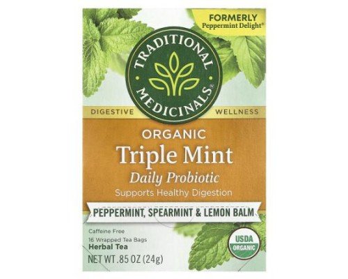 Traditional Medicinals, Organic Herbal Tea, Triple Mint Daily Probiotic, Caffeine Free, Peppermint, Spearmint & Lemon Balm, 16 Wrapped Tea Bags, 0.85 oz (24 g)