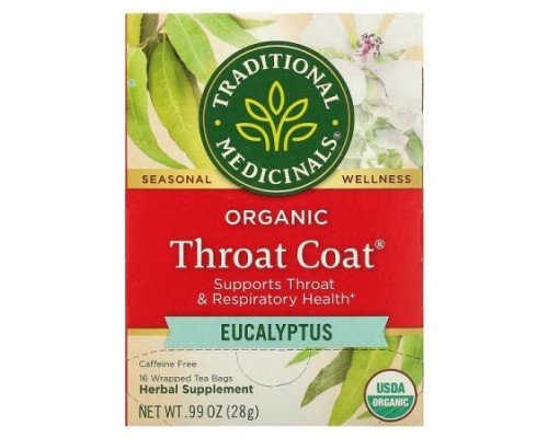 Traditional Medicinals, Organic Throat Coat, Eucalyptus, Caffeine Free, 16 Wrapped Tea Bags, 0.99 oz (28 g)