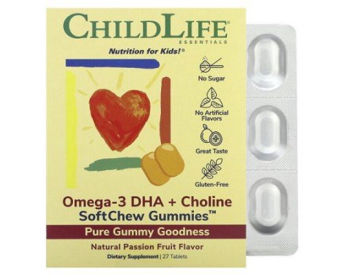 ChildLife Essentials, Essentials, Omega-3 DHA + Choline, SoftChew Gummies, Passion Fruit, 27 Tablets