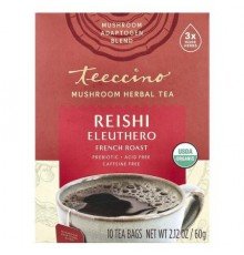 Teeccino, Mushroom Herbal Tea, Reishi Eleuthero, French Roast, Caffeine Free, 10 Tea Bags, 2.12 oz (60 g)