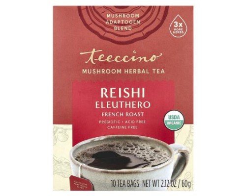 Teeccino, Mushroom Herbal Tea, Reishi Eleuthero, French Roast, Caffeine Free, 10 Tea Bags, 2.12 oz (60 g)