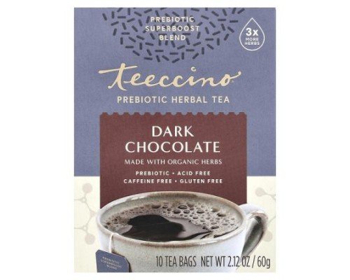 Teeccino, Prebiotic Herbal Tea, Dark Chocolate, Caffeine Free, 10 Tea Bags, 2.12 oz (60 g)