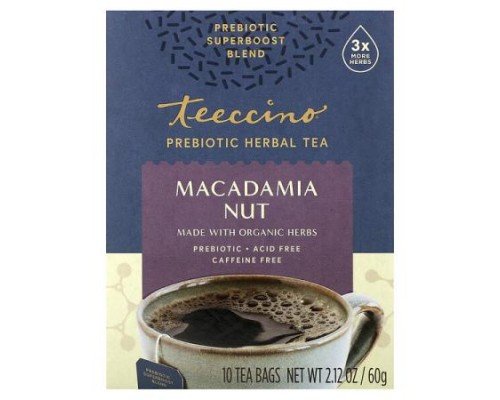 Teeccino, Prebiotic Herbal Tea, Macadamia Nut, Caffeine Free, 10 Tea Bags, 2.12 oz (60 g)