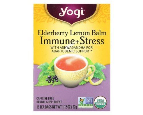 Yogi Tea, Immune + Stress, Elderberry Lemon Balm, Caffeine Free, 16 Tea Bags, 1.12 oz (32 g)