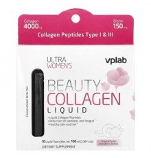 Vplab, Ultra Women's Beauty Collagen Liquid, Tropical Fruits, Strawberry & Kiwi, 10 Liquid Tubes, 3.38 fl oz (100 ml)