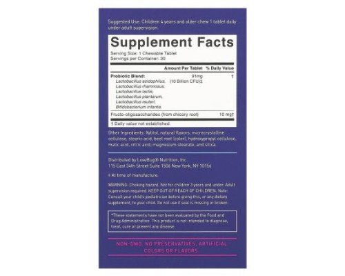 LoveBug Probiotics, Kids Probiotics, 4+ Years, Berry, 10 Billion CFU, 30 Chewable Tablets
