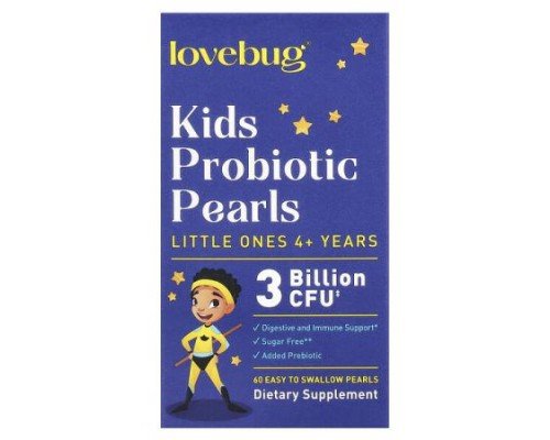 LoveBug Probiotics, Kids Probiotics Pearls, 4+ Years, 3 Billion CFU, 60 Easy To Swallow Pearls