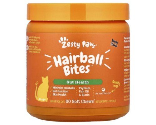 Zesty Paws, Hairball Bites™, For Cats, All Ages, Bacon, 60 Soft Chews, 2.7 oz (78 g)