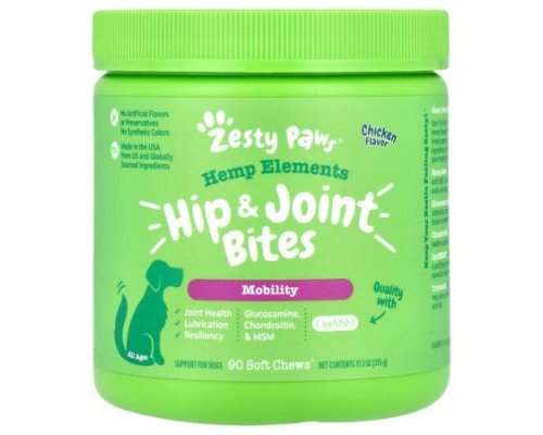 Zesty Paws, Hemp Elements, Hip & Joint Bites, For Dogs, All Ages, Chicken, 90 Soft Chews, 11.1 oz (315 g)