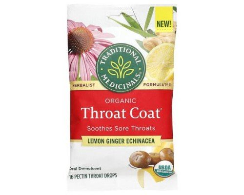 Traditional Medicinals, Organic Throat Coat® Drops, Lemon Ginger Echinacea, 16 Pectin Throat Drops