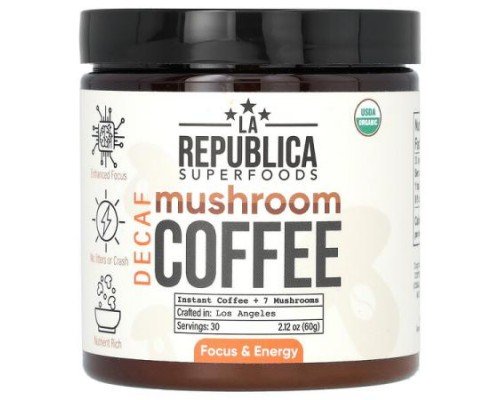 LA Republica, Mushroom Coffee, Instant Coffee + 7 Mushrooms, Decaf, 2.12 oz (60 g)