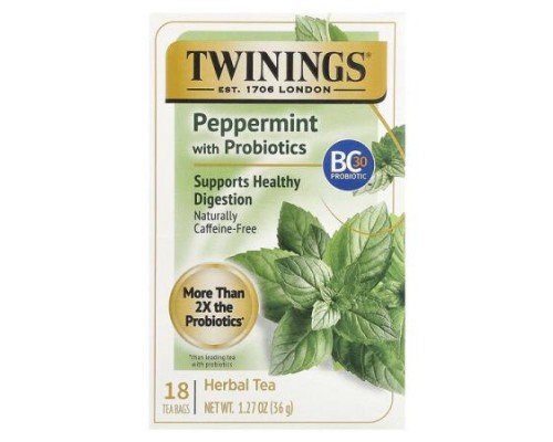 Twinings, Herbal Tea, Peppermint with Probiotics, Caffeine-Free, 18 Tea Bags, 1.27 oz (36 g)