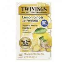 Twinings, Herbal Tea, Lemon Ginger With Probiotics, Caffeine-Free, 18 Tea Bags, 0.95 oz (27 g)