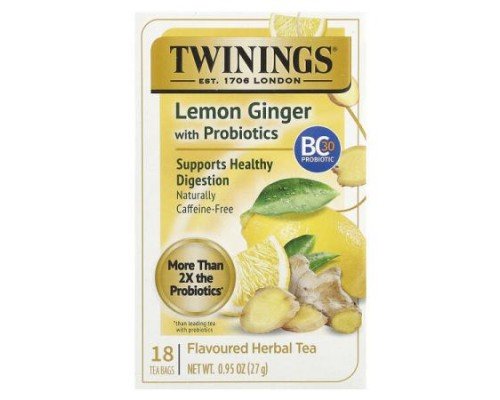 Twinings, Herbal Tea, Lemon Ginger With Probiotics, Caffeine-Free, 18 Tea Bags, 0.95 oz (27 g)