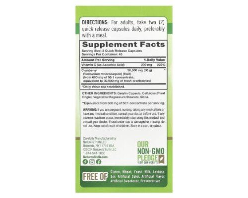 Nature's Truth, Cranberry Concentrate Plus Vitamin C, Triple Strength, 90 Quick Release Capsules
