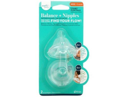 Evenflo Feeding, Balance + Nipples, Combo Flow Pack, Wide, 3+ Months, Medium, 2 Vented Nipples