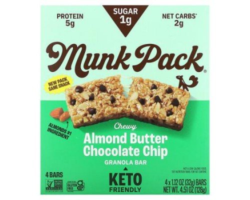 Munk Pack, Chewy Granola Bar, Almond Butter Chocolate Chip, 4 Bars, 1.12 oz (32 g) Each