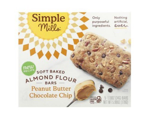 Simple Mills, Soft Baked Almond Flour Bars, Peanut Butter Chocolate Chip,  5 Bars, 1.19 oz (34 g) Each
