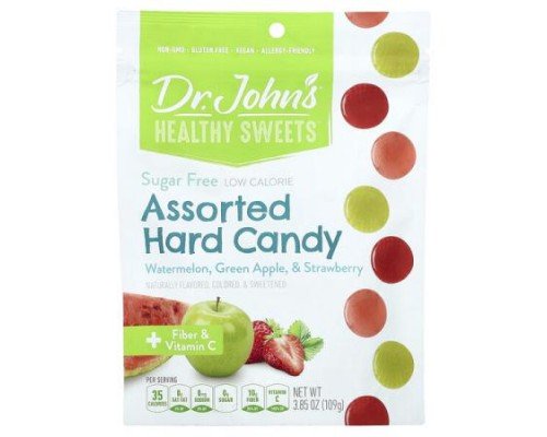Dr. John's Healthy Sweets, Assorted Hard Candy, + Fiber & Vitamin C, Watermelon, Green Apple, & Strawberry, 3.85 oz (109 g)