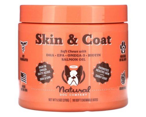 Natural Dog Company, Skin & Coat, For Dogs, All Ages, 90 Soft Chewable Bites, 9.5 oz (270 g)