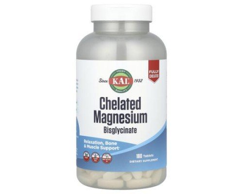 KAL, Chelated Magnesium Bisglycinate, 180 Tablets (105 mg per Tablet)