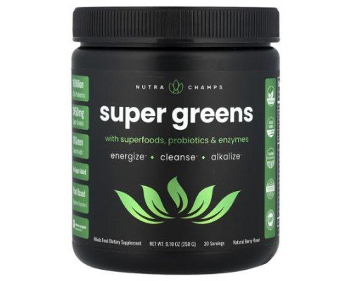 NutraChamps, Super Greens With Superfoods, Probiotics & Enzymes, Natural Berry, 9.10 oz (258 g)