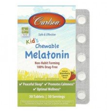 Carlson, Kid's Chewable Melatonin, Strawberry Lemon, 30 Tablets (300 mcg per Tablet)