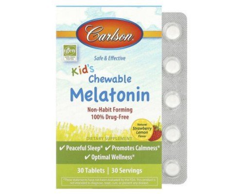 Carlson, Kid's Chewable Melatonin, Strawberry Lemon, 30 Tablets (300 mcg per Tablet)