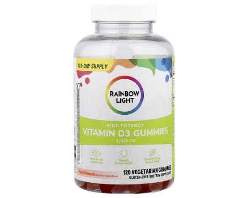 Rainbow Light, Vitamin D3 Gummies, High Potency, Peach, 2,000 IU, 120 Vegetarian Gummies