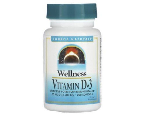 Source Naturals, Wellness, Vitamin D-3, 50 mcg (2,000 IU), 200 Softgels