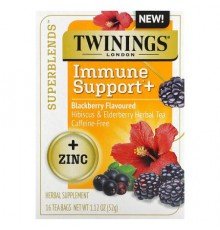 Twinings, Superblends™, Immune Support+ Hibiscus & Elderberry Herbal Tea, Blackberry, Caffeine-Free, 16 Tea Bags, 1.12 oz (32 g)
