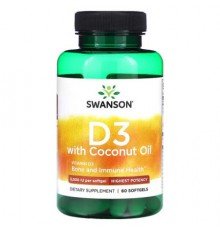Swanson, D3 with Coconut Oil, Highest Potency, 125 mcg (5,000 IU), 60 Softgels