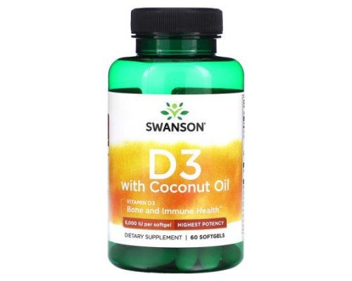 Swanson, D3 with Coconut Oil, Highest Potency, 125 mcg (5,000 IU), 60 Softgels