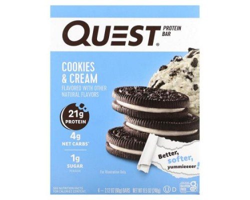 Quest Nutrition, Protein Bar, Cookies & Cream, 4 Bars, 2.12 oz (60 g) Each