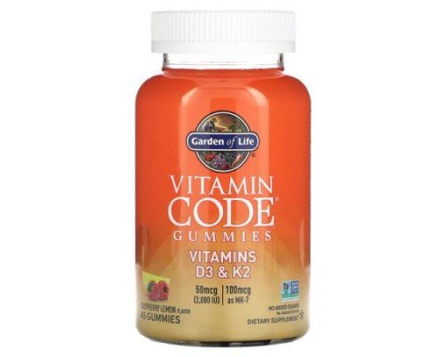 Garden of Life, Vitamin Code Gummies, Vitamins D3 & K2, Raspberry Lemon, 45 Gummies