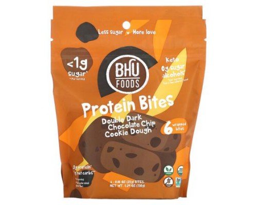 BHU Foods, Protein Bites, Double Dark Chocolate Chip Cookie Dough, 6 Bites, 0.88 oz (25 g) Each