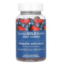 California Gold Nutrition, Probiotic with Inulin Gummies with Vitamin C, Folate, Berry Extract Blend and Organic Inulin, Natural Mixed Berry, 90 Vegetarian Gummies