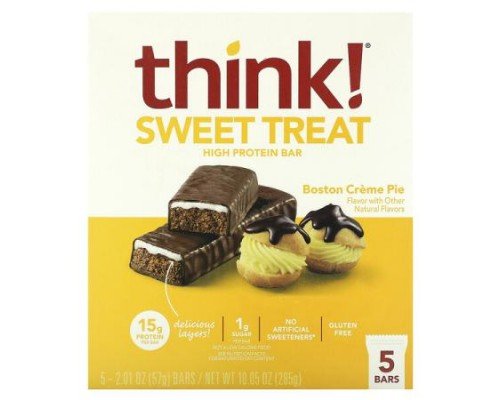 Think !, Sweet Treat, High Protein Bar, Boston Creme Pie, 5 Bars, 2.01 oz (57 g) Each