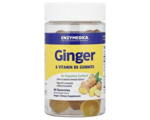 Enzymedica, Ginger & Vitamin B6 Gummies, Lemon Ginger, 60 Gummies