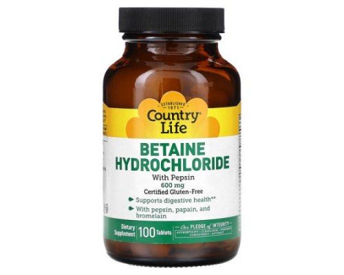 Country Life, Betaine Hydrochloride with Pepsin, 600 mg, 100 Tablets