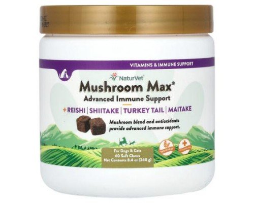 NaturVet, Mushroom Max + Reishi, Shiitake, Turkey Tail, Maitake, For Dogs & Cats, 60 Soft Chews, 8.4 oz (240 g)