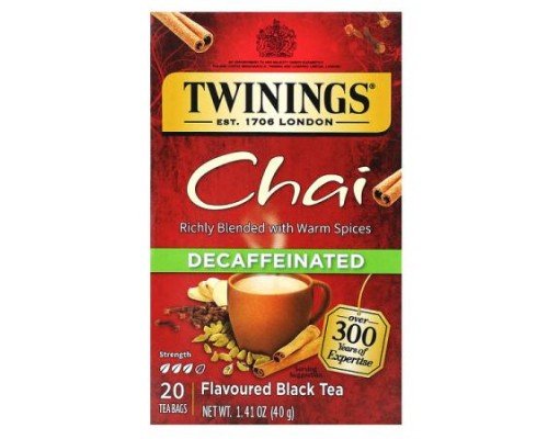 Twinings, Flavored Black Tea, Chai, Decaffeinated , 20 Tea Bags, 1.41 oz (40 g)