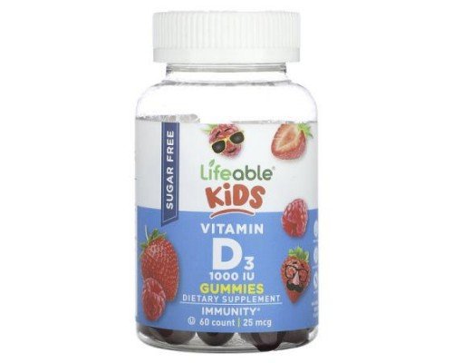 Lifeable, Kids Vitamin D3 Gummies, Sugar Free, Natural Berry, 25 mcg (1,000 IU), 60 Gummies