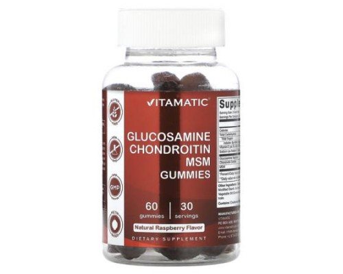 Vitamatic, Glucosamine Chondroitin MSM Gummies, Natural Raspberry, 60 Gummies