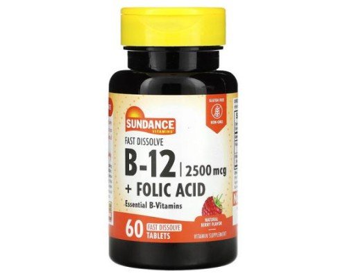 Sundance Vitamins, Fast Dissolve B-12 + Folic Acid, Natural Berry, 60 Fast Dissolve Tablets