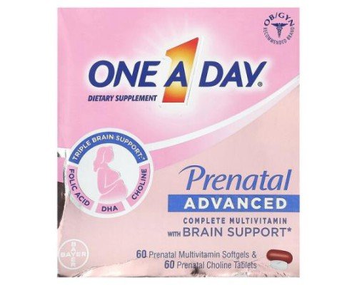 One-A-Day, Prenatal Advanced, Complete Multivitamin with Brain Support, 60 Prenatal Multivitamin Softgels & 60 Prenatal Choline Tablets