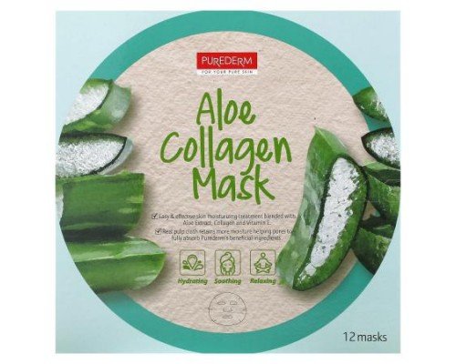 Purederm, Aloe Collagen Beauty Mask, 12 Sheets, 0.63 oz (18 g) Each