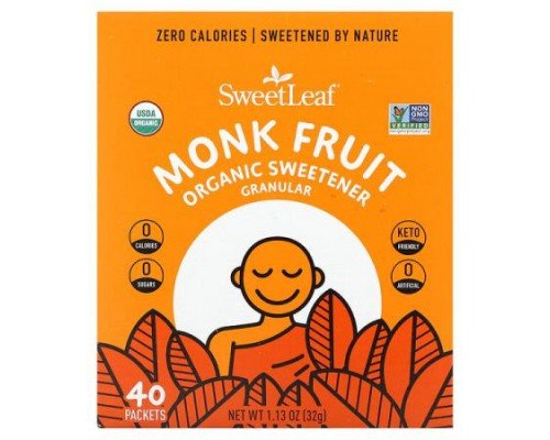SweetLeaf Stevia, Monk Fruit Organic Sweetener Granular, 40 Packets, 0.28 oz (0.8 g) Each